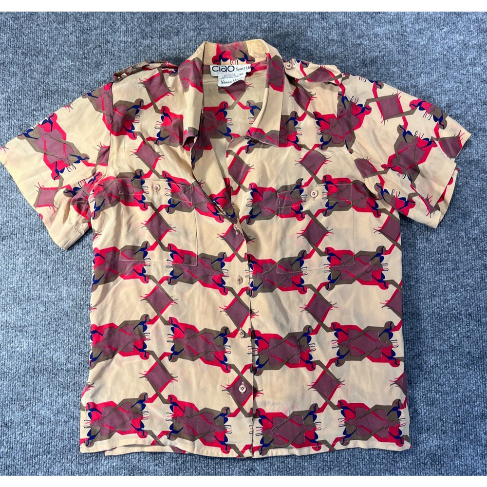 VTG Neiman Marcus Ciao Sport 100% Silk Womens Button SS Shirt Paisley 10